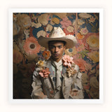 Presley - Gay Black Twunk Cowboy Art Print, Portrait Cowboy Hat Floral-adorned Jacket Painterly Floral Backdrop