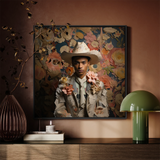 Presley - Gay Black Twunk Cowboy Framed Canvas, Floral-themed Portrait Art