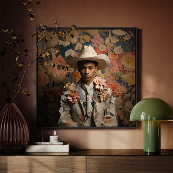 Presley - Gay Black Twunk Cowboy Framed Canvas, Floral-themed Portrait Art