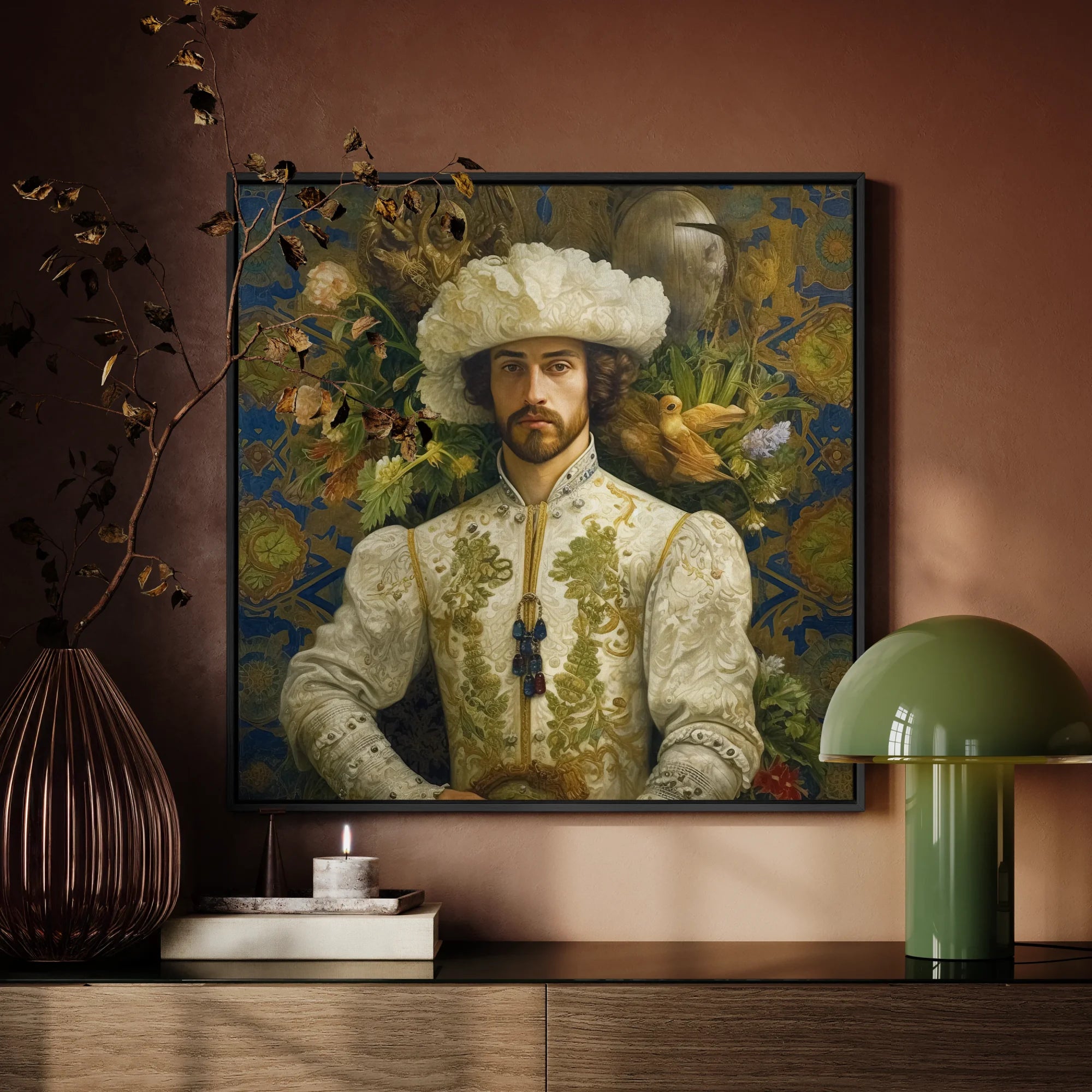 Prince Alfonso - Hispanic Gay Royalty Framed Canvas, Portrait Painting Man Ornate White Clothing Fluffy Hat