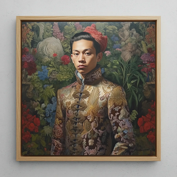 Prince Chakri - Thai Gay Royalty Framed Canvas, 12x12’’ / 31x31cm / Natural Floating Frame, Framed Oil Painting Young Man Ornate Gold Jacket