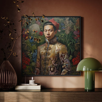 Prince Chakri - Thai Gay Royalty Framed Canvas, Portrait Painting Person Ornate Clothing Floral Background