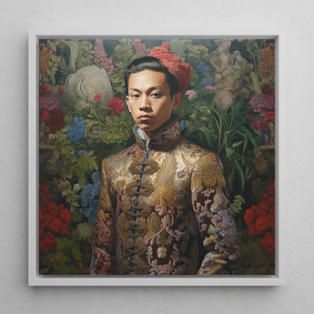 Prince Chakri - Thai Gay Royalty Framed Canvas, 12x12’’ / 31x31cm / White Floating Frame, Framed Painting Young Man Traditional Ornate