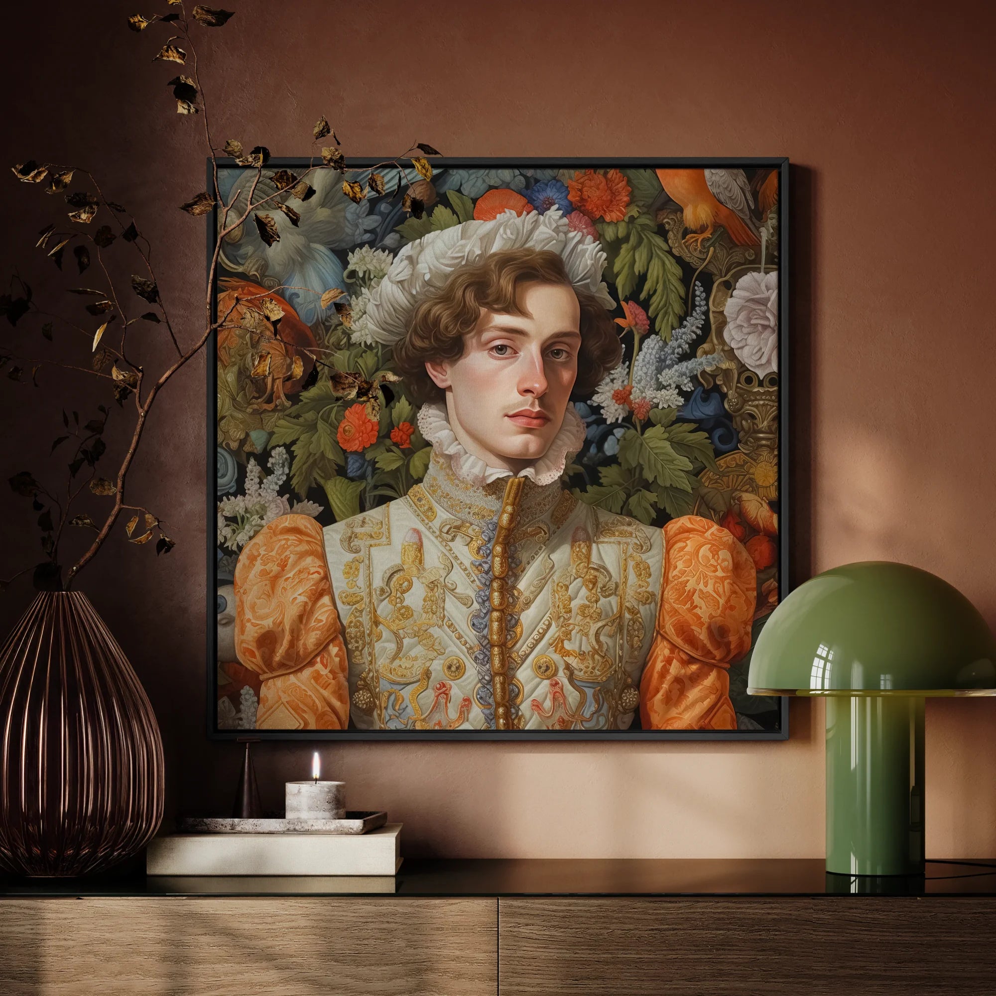 Prince Hugo - Gay German Royalty Framed Canvas, Framed Portrait Painting Person Ornate Renaissance-style Clothing Surrounded