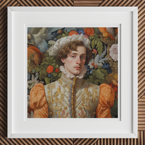 Prince Hugo - German Gay Royalty Art Print, 12x12’’ / 31x31cm / White Frame / 2’’ Matboard, Framed Renaissance-style Portrait Ornate Orange