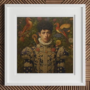 Prince Ignacio - Gay Spanish Royalty Art Print, 12x12’’ / 31x31cm / White Frame / 2’’ Matboard, Framed Portrait Painting Ornate Embroidered