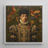 Prince Ignacio - Spanish Gay Royalty Framed Canvas, 12x12’’ / 31x31cm / White Floating Frame, Framed Portrait Man Renaissance Attire Birds