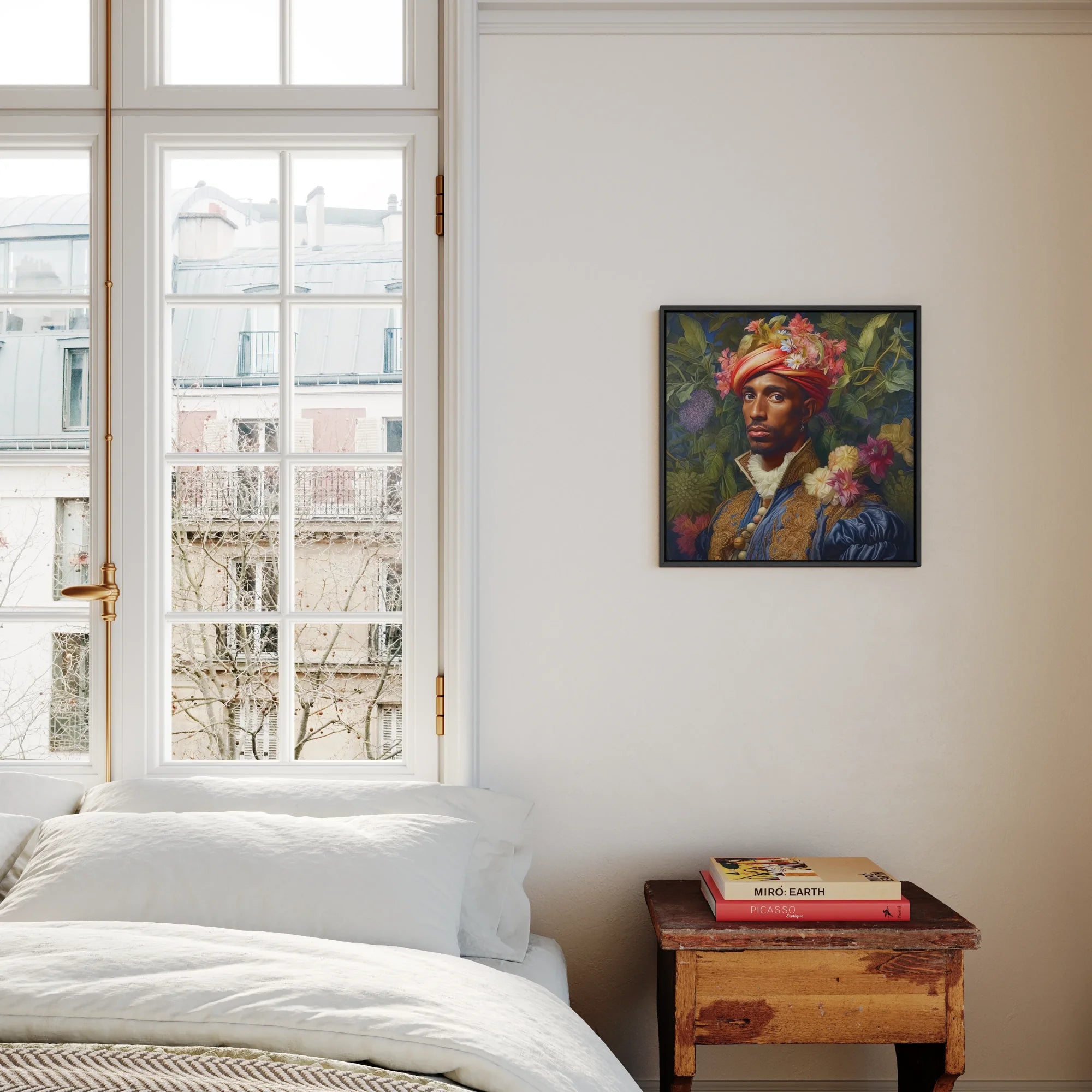 Prince Isaiah - Gay Black Royalty Art Framed Canvas, Colorful Portrait Painting Person Vibrant Headwrap Blue Garment