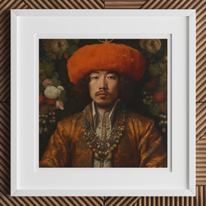 Prince Khaliun - Gay Mongolian Royalty Baroque Art Print, 12x12’’ / 31x31cm / White Frame / 2’’ Matboard, Framed Portrait Painting Ornate