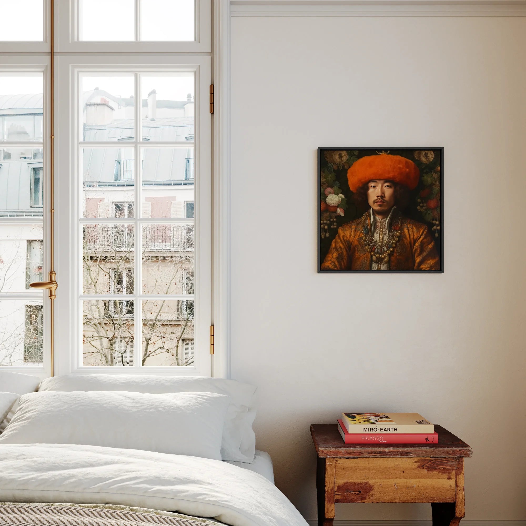Prince Khaliun - Mongolian Gay Royalty Art Framed Canvas, Bedroom White Bed Window Distinctive Portrait Wall
