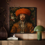 Prince Khaliun - Mongolian Gay Royalty Art Framed Canvas, Portrait Painting Man Ornate Orange Hat Golden Robe