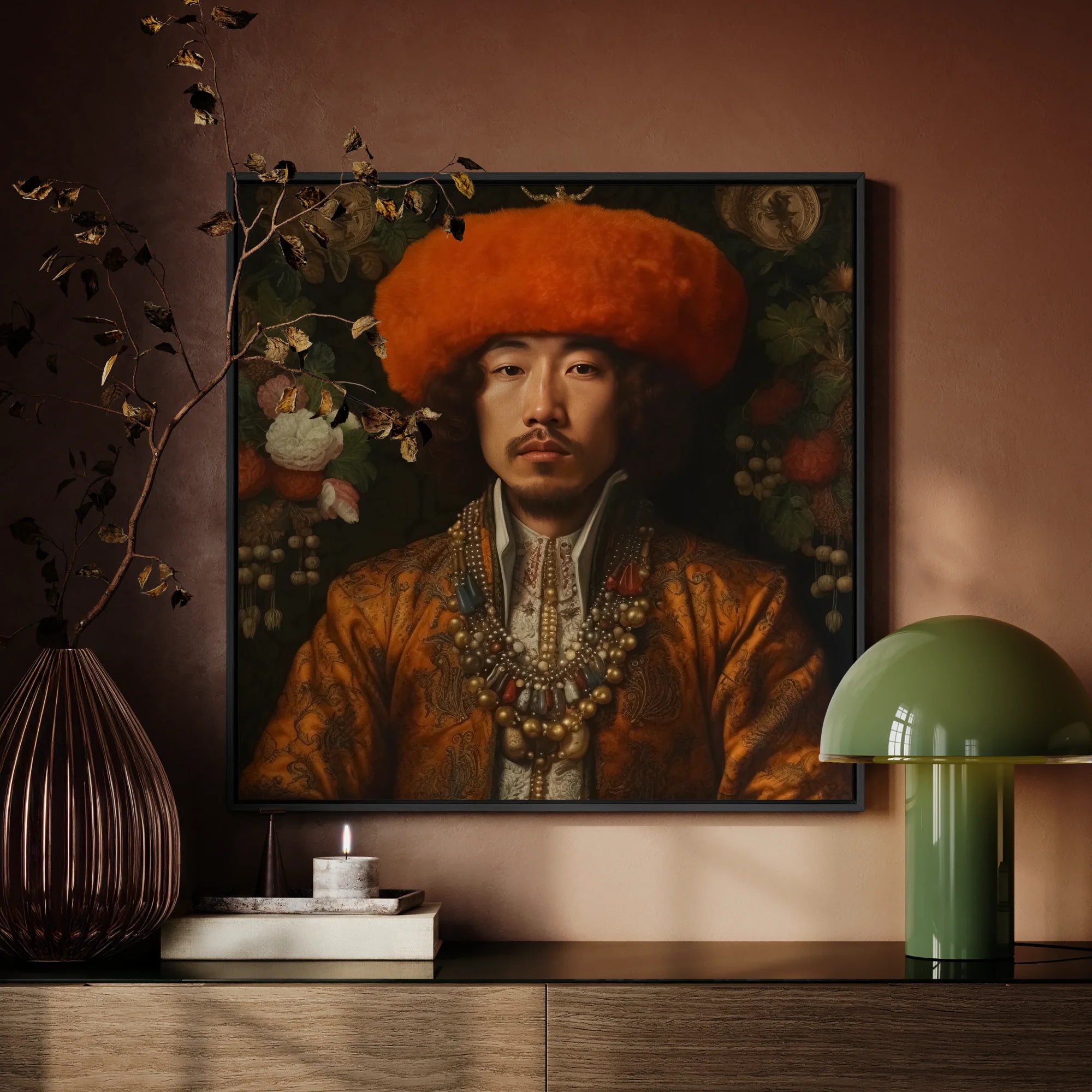 Prince Khaliun - Mongolian Gay Royalty Art Framed Canvas, Portrait Painting Man Ornate Orange Hat Golden Robe