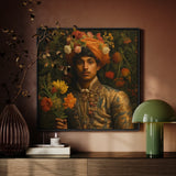 Prince Rajanikanta - Gay Indian Royalty Framed Canvas, Ornate Portrait Painting Figure Colorful Attire Surrounded Flowers