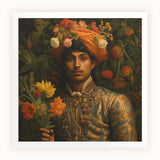 Prince Rajanikanta - Indian Gay Royalty Baroque Art Print, Portrait Painting Ornately Dressed Figure Floral Turban Flowers