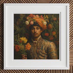 Prince Rajanikanta - Indian Gay Royalty Baroque Art Print, 12x12’’ / 31x31cm / White Frame / 2’’ Matboard, Framed Portrait Painting Ornate