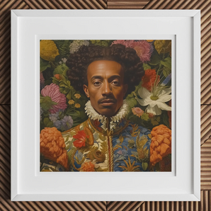 Prince Wesley - Afroamerican Gay Royalty Baroque Art Print, 12x12’’ / 31x31cm / White Frame / 2’’ Matboard, Framed Portrait Painting Ornate