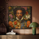 Prince Wesley - Gay Afroamerican Royalty Framed Canvas, Portrait Painting Man Afro Hairstyle Surrounded Vibrant Flowers