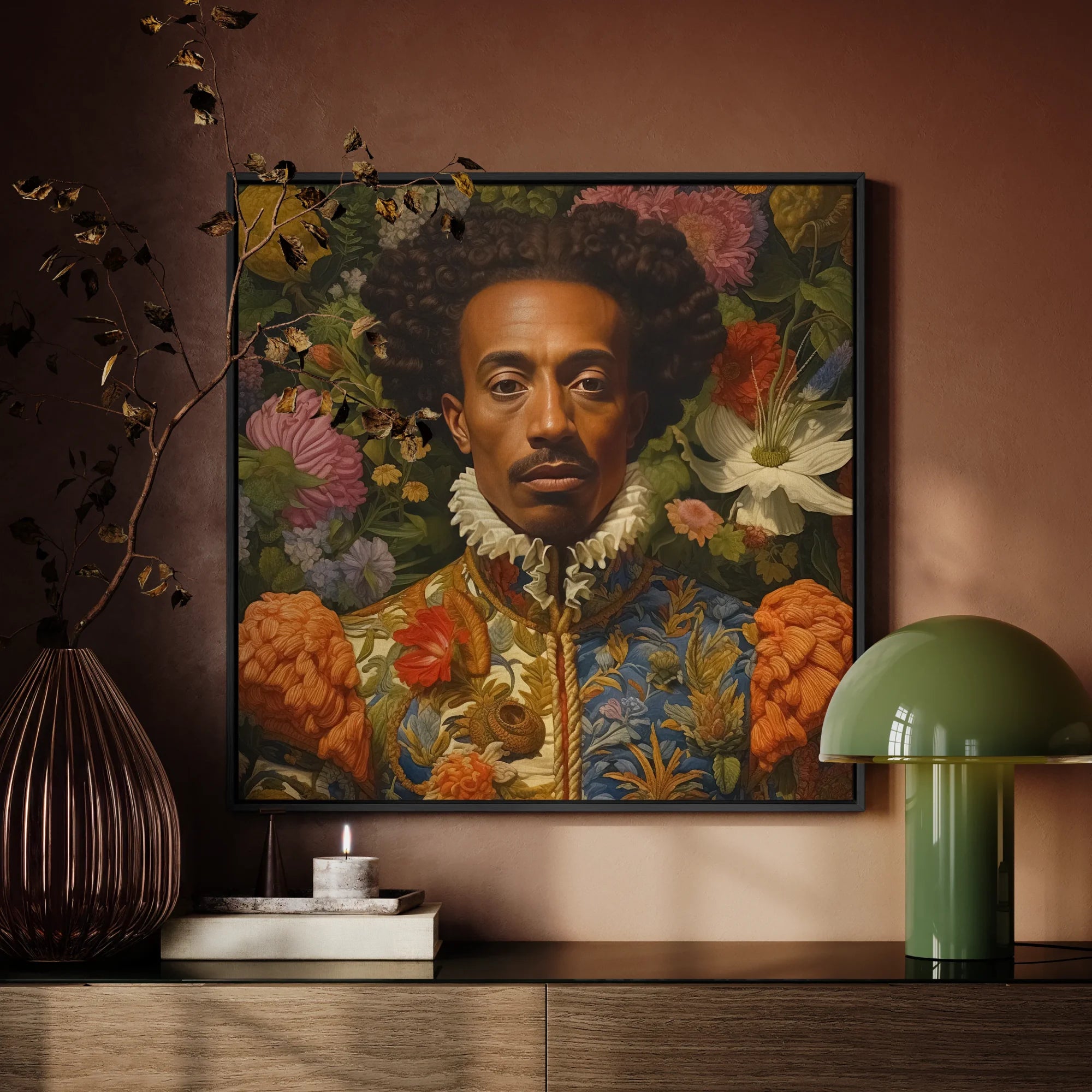 Prince Wesley - Gay Afroamerican Royalty Framed Canvas, Portrait Painting Man Afro Hairstyle Surrounded Vibrant Flowers