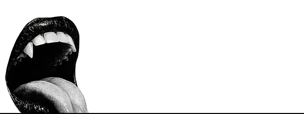 Vampire mouth with glossy black lips representing true blood and queer vampire themes in Stoker’s Dracula