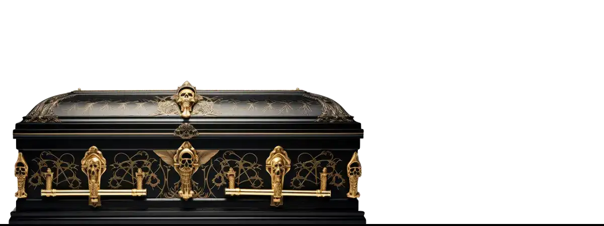 Ornate black and gold coffin symbolizing true blood and queer vampire legacy in Stoker’s Dracula