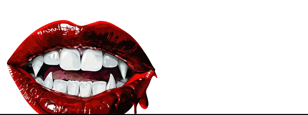 Vampire lips with fangs symbolizing true blood and queer vampire themes in Stoker’s Dracula