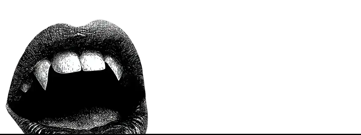 Vampire fangs in open mouth from Stoker’s Dracula symbolizing true blood and queer vampire themes