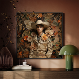 Rashid - Gay Arabic Cowboy Dandy Framed Canvas, Floral Cowboy Portrait