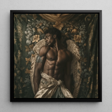 Raziel - Gay Black Angel Art Framed Canvas, 12x12’’ / 31x31cm / Floating Frame, Framed Painting Muscular Angel