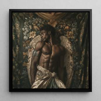 Raziel - Gay Black Angel Art Framed Canvas, 12x12’’ / 31x31cm / Floating Frame, Framed Painting Muscular Angel