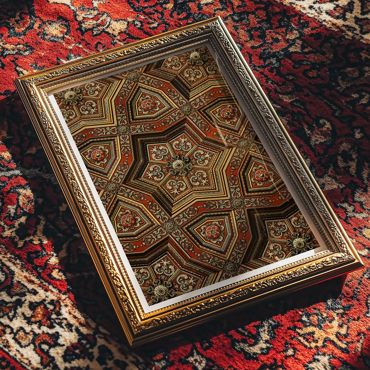 Ornate framed ceiling design inspired by Auguste Racinet’s L’Ornement Polychrome.