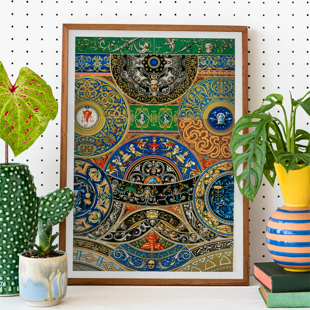 Framed ornate circular pattern artwork inspired by Auguste Racinet’s L’ornement Polychrome.
