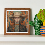 Reuben - Gay Redhead Cowboy Art Print, Framed Artwork Figure Cowboy Hat Ornate Orange Background