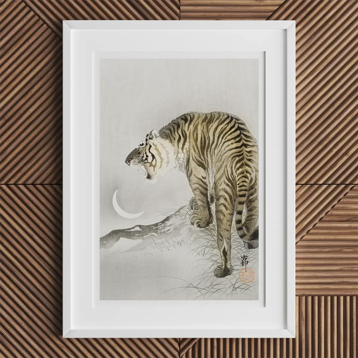 Framed tiger painting by Ohara Koson from the Shin-hanga movement in Japanese woodblock art.