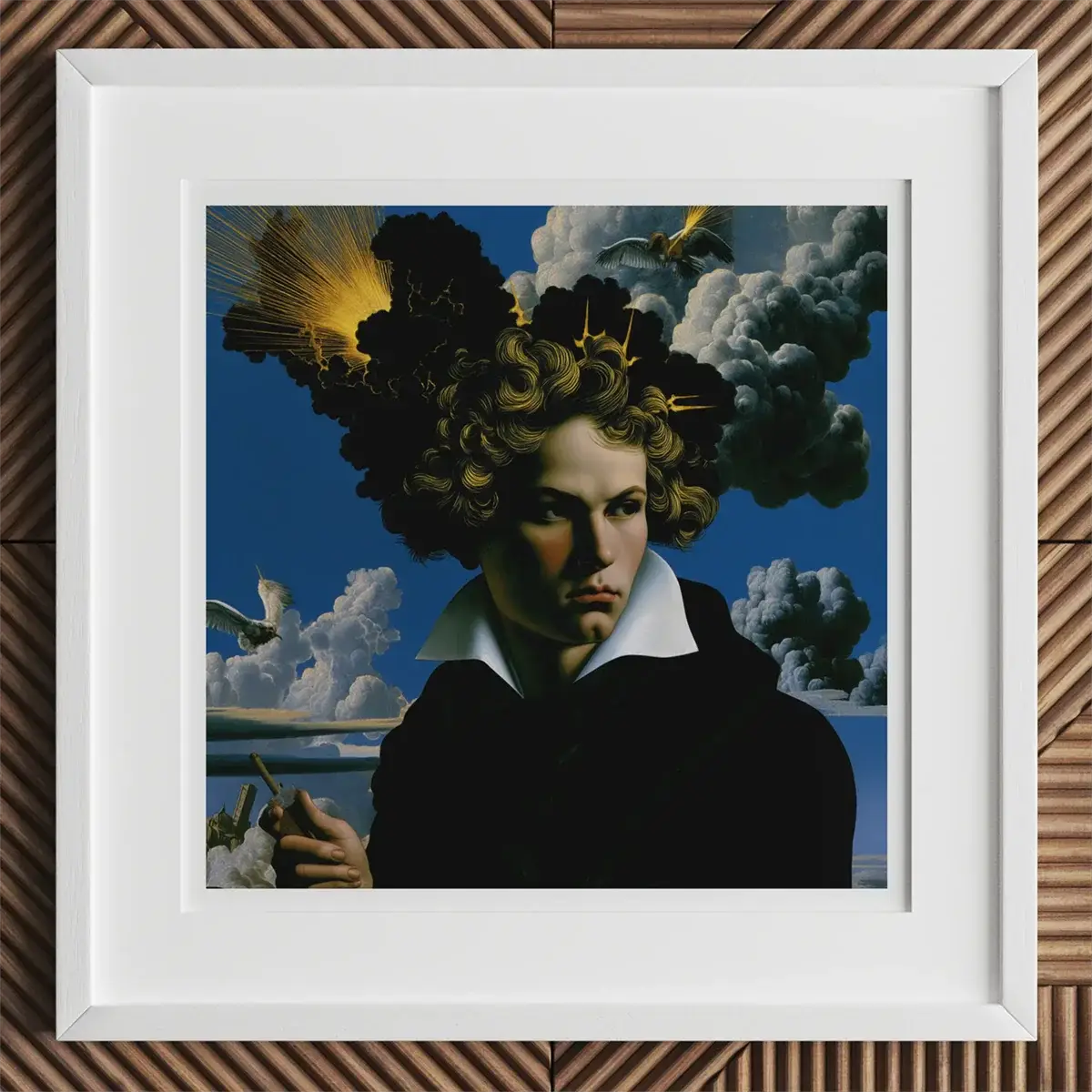 Framed portrait of a tortured artist resembling Van Gogh, capturing the mad genius vibe