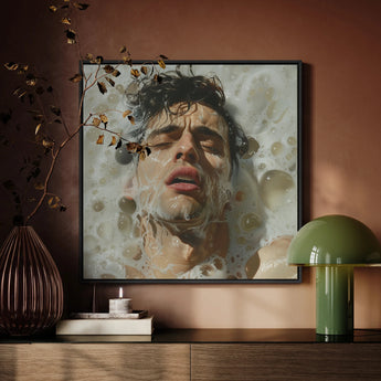 Rub-a-dub - Gay Wet Dream Art Framed Canvas, Framed Portrait Person’s Face Submerged Water Leaves Bubbles