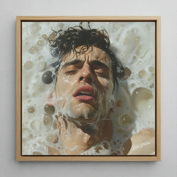 Rub-a-dub - Gay Wet Dream Art Framed Canvas, 12x12’’ / 31x31cm / Natural Floating Frame, Framed Print Man’s Face Covered Water Bubbles