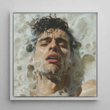 Rub-a-dub - Gay Wet Dream Art Framed Canvas, 12x12’’ / 31x31cm / White Floating Frame, Framed Portrait Man Soapy Water