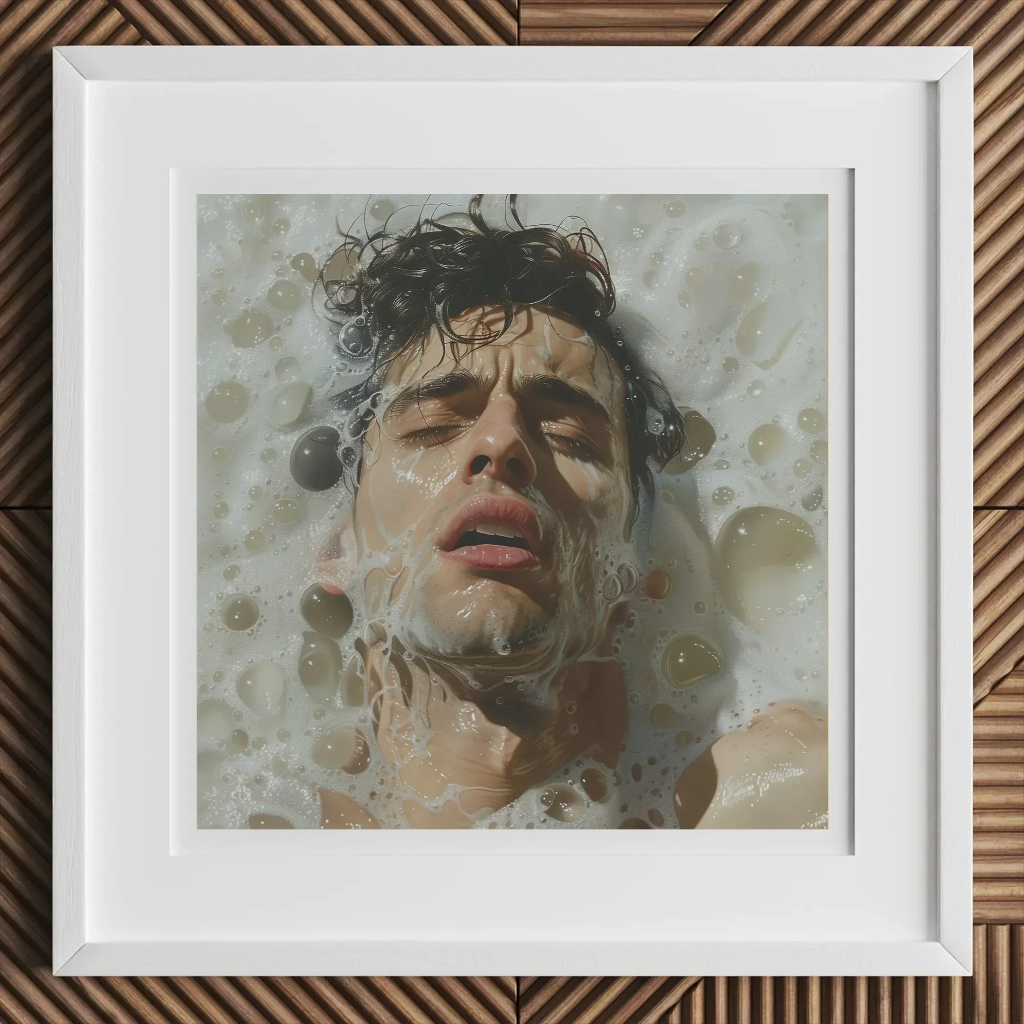 Rub-a-dub - Sexy Gay Dream Art Print, 12x12’’ / 31x31cm / White Frame / 2’’ Matboard, Framed Photograph Man Submerged Bubbles