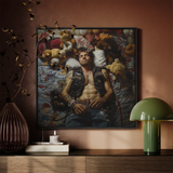 Sacked - Lowbrow Homoerotic Gay Biker Framed Canvas, Framed Art Shirtless Man Surrounded Stuffed Animals