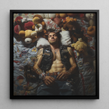 Sacked - Lowbrow Homoerotic Gay Biker Framed Canvas, 12x12’’ / 31x31cm / Black Floating Frame, Framed Portrait Tattooed Man Surrounded