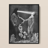 Hypnosis - Sascha Schneider Framed Canvas, 12x16’’ / 31x41cm / Black Floating Frame, Framed Black White Painting Cloaked Figure Light Nude