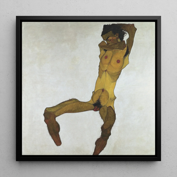 Seated Male Nude (self Portrait) - Egon Schiele Framed Canvas, 12x12’’ / 31x31cm / Black Floating Frame, Framed Nude Male Figure Painting