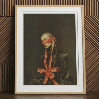 See no Evil - Luxe Gay Bondage Art Print, 12x16’’ / 31x41cm / Natural Frame / 2’’ Matboard, Framed Portrait Blindfolded Person Red Ribbons