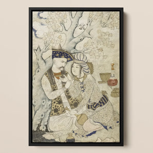 Shah Abbas and His Page - Muhammad Qasim Musavvir Framed Canvas, 12x18’’ / 31x46cm / Black Floating Frame, Framed Antique Persian Miniature