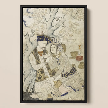 Shah Abbas and His Page - Muhammad Qasim Musavvir Framed Canvas, 12x18’’ / 31x46cm / Black Floating Frame, Framed Antique Persian Miniature