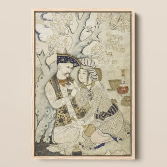Shah Abbas and His Page - Muhammad Qasim Musavvir Framed Canvas, 12x18’’ / 31x46cm / Natural Floating Frame, Framed Persian Miniature
