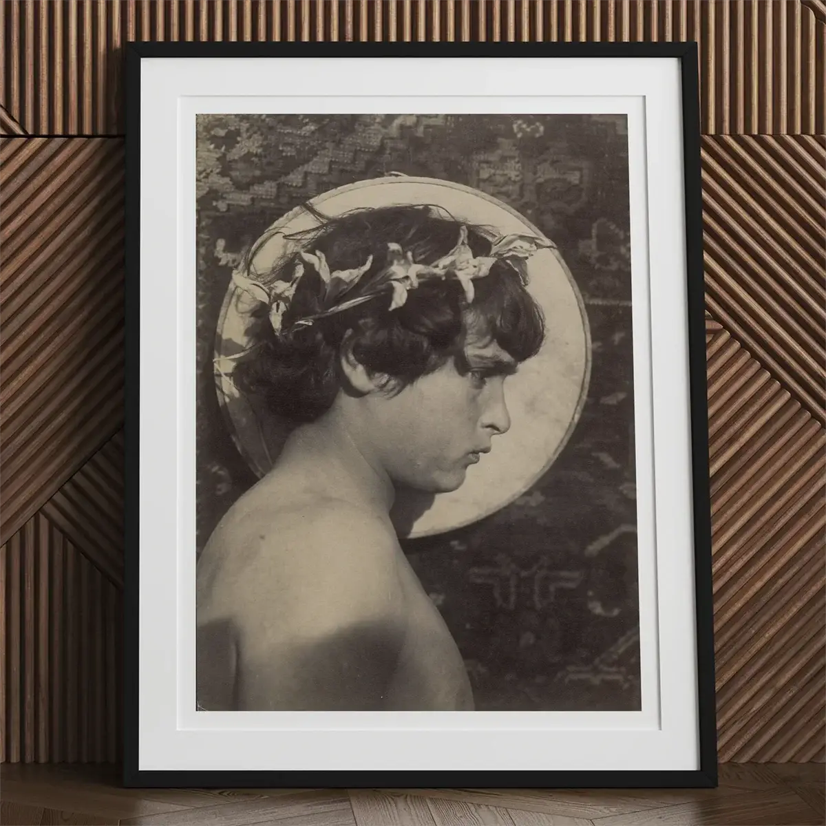 Framed monochrome portrait of Wilhelm von Gloeden, young man with a laurel wreath
