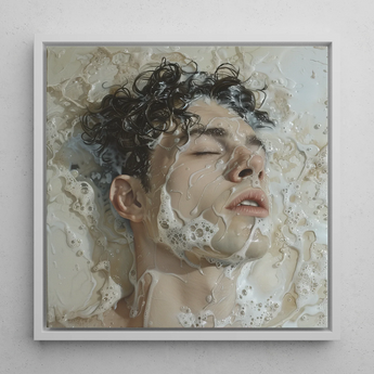 Slip and Slide - Subtle Homoerotic Framed Canvas, 12x12’’ / 31x31cm / White Floating Frame, Framed Portrait Man Milky Water