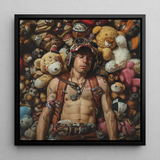 Soft Landing - Lowbrow Gay Pilot Art Framed Canvas, 12x12’’ / 31x31cm / Black Floating Frame, Man Surrounded Teddy Bears
