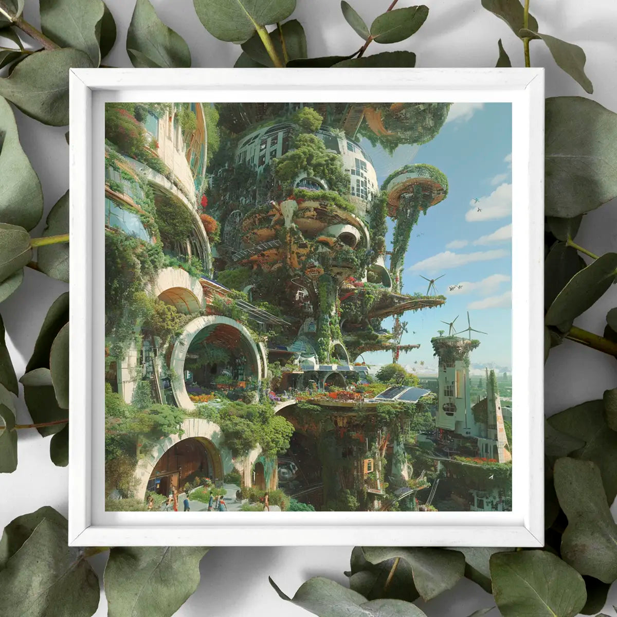 Framed eco-futuristic cityscape art inspired by Gino Severini and retro futurism.